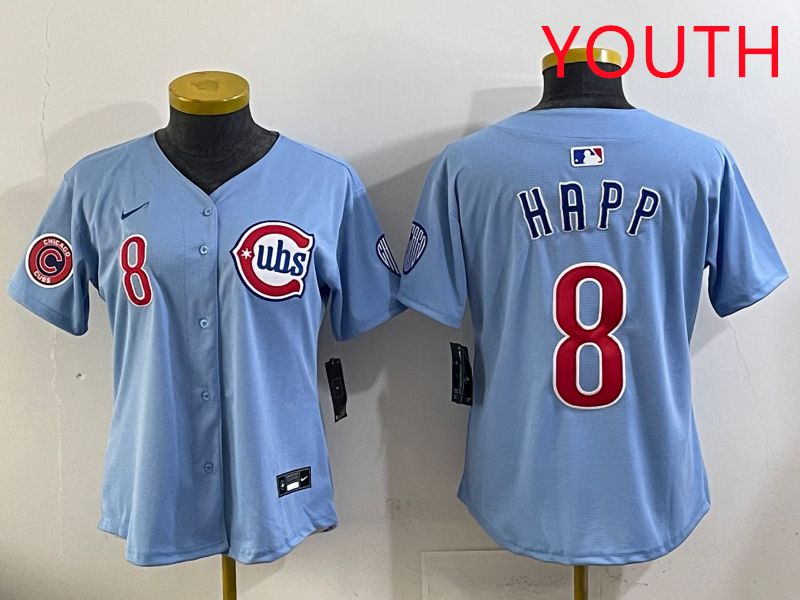 Youth 2025 Chicago Cubs 8 Happ Light Blue Throwback Game Nike MLB Jersey style 2